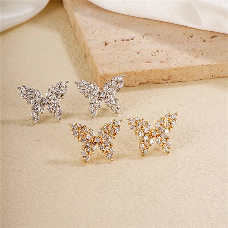 1 Pair Japanese Style Simple Style Shiny Butterfly Three-dimensional Inlay Copper Zircon K Gold Plated Ear Studs