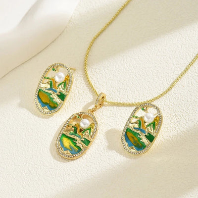 Copper Inlay Mountain Water Pearl Zircon Jewelry Set