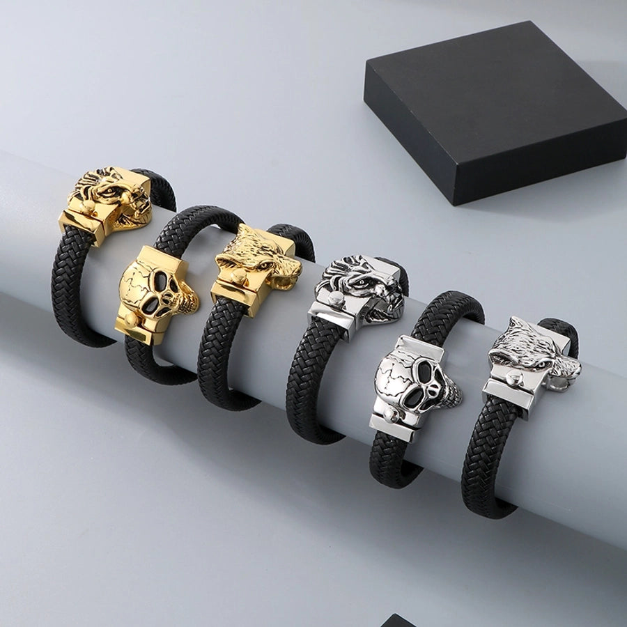 Business Lion's head Wolf Head Skull 304 Stainless Steel Leather 18K Gold Plated Men's Bracelets