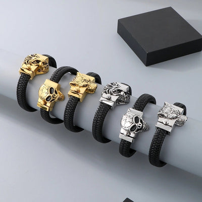 Business Lion's head Wolf Head Skull 304 Stainless Steel Leather 18K Gold Plated Men's Bracelets