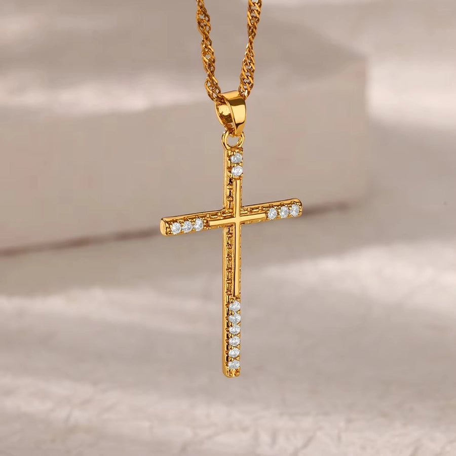 Copper Water wave chain 18K Gold Plated Geometric Cross Eye Zirconia Pendant Necklace