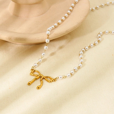 Jewelry IG Style Sweet Bow Knot 304 Stainless Steel Beaded Pearl Pendant Necklace