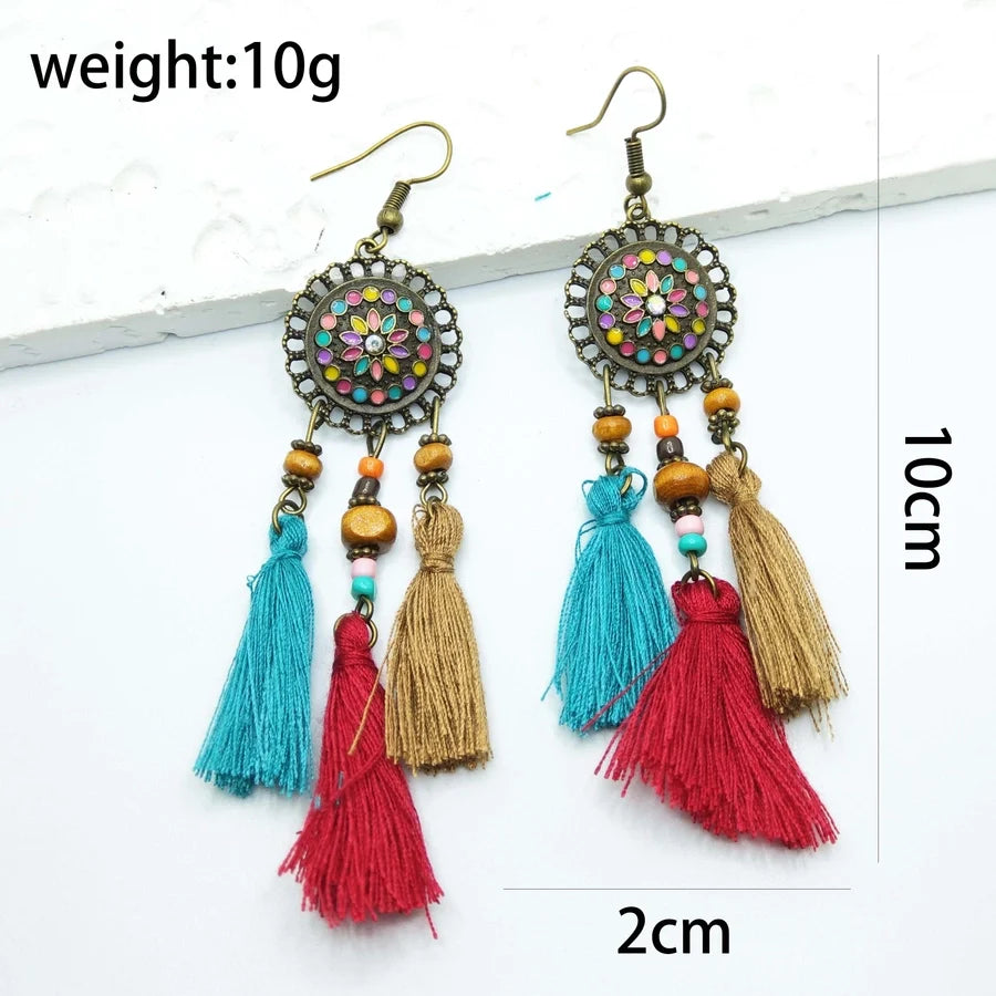 1 Pair Retro Tropical Geometric Round Leaves Tassel Plating Braid 304 Stainless Steel Feather 18K Gold Plated Drop Earrings