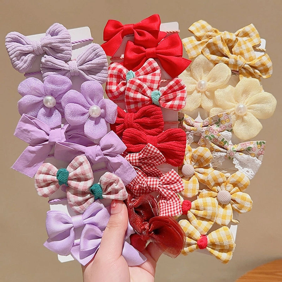 cute plaid flower bow knot cloth inlaid pearls hair tie 1 set