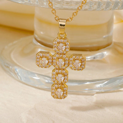 304 Stainless Steel Copper K Gold Plated Rhodium Plated Inlay Cross Zircon Pendant Necklace