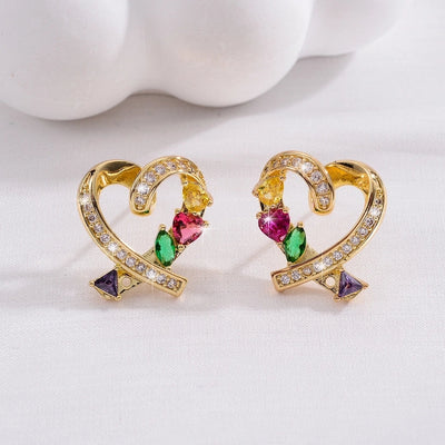 1 Pair Romantic Shiny Heart Shape Inlay Copper Zircon 18K Gold Plated Ear Studs