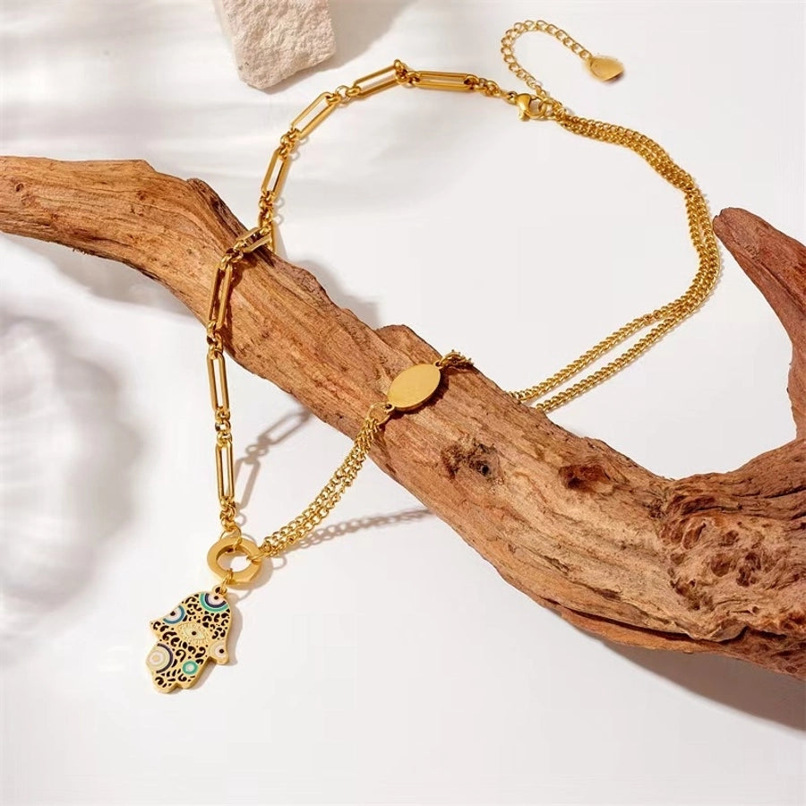 Titanium Steel Palm Eye Drop Oil 18K Gold Plated Bohemian Style Personality Fashion Vintage Necklace Bracelet Earring Set