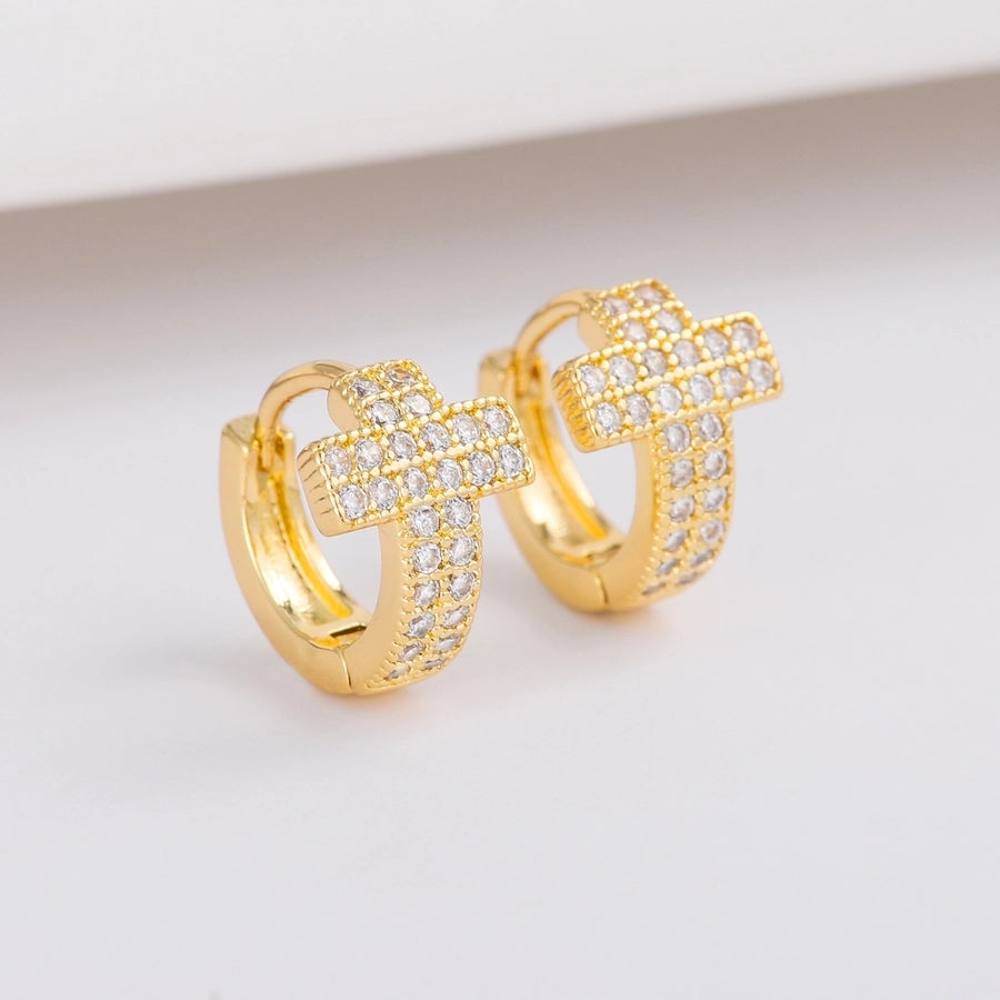 1 Pair Hip Hop Punk Copper Plating 18K Gold Inlaid Square Crystal Zircon Cross Ear Clip