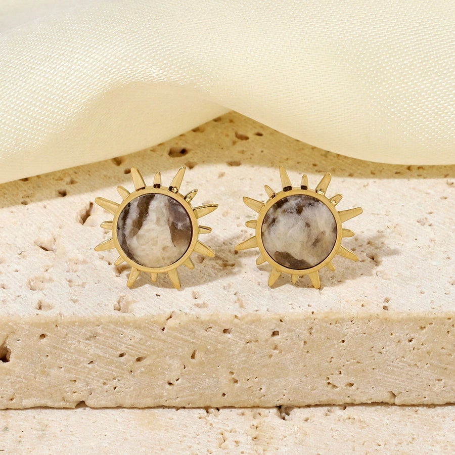 One Pack and Two Pairs Retro French Style Sun Plating Titanium Steel Natural Stone 14K Gold Plated Ear Studs