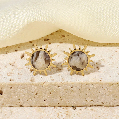 One Pack and Two Pairs Retro French Style Sun Plating Titanium Steel Natural Stone 14K Gold Plated Ear Studs
