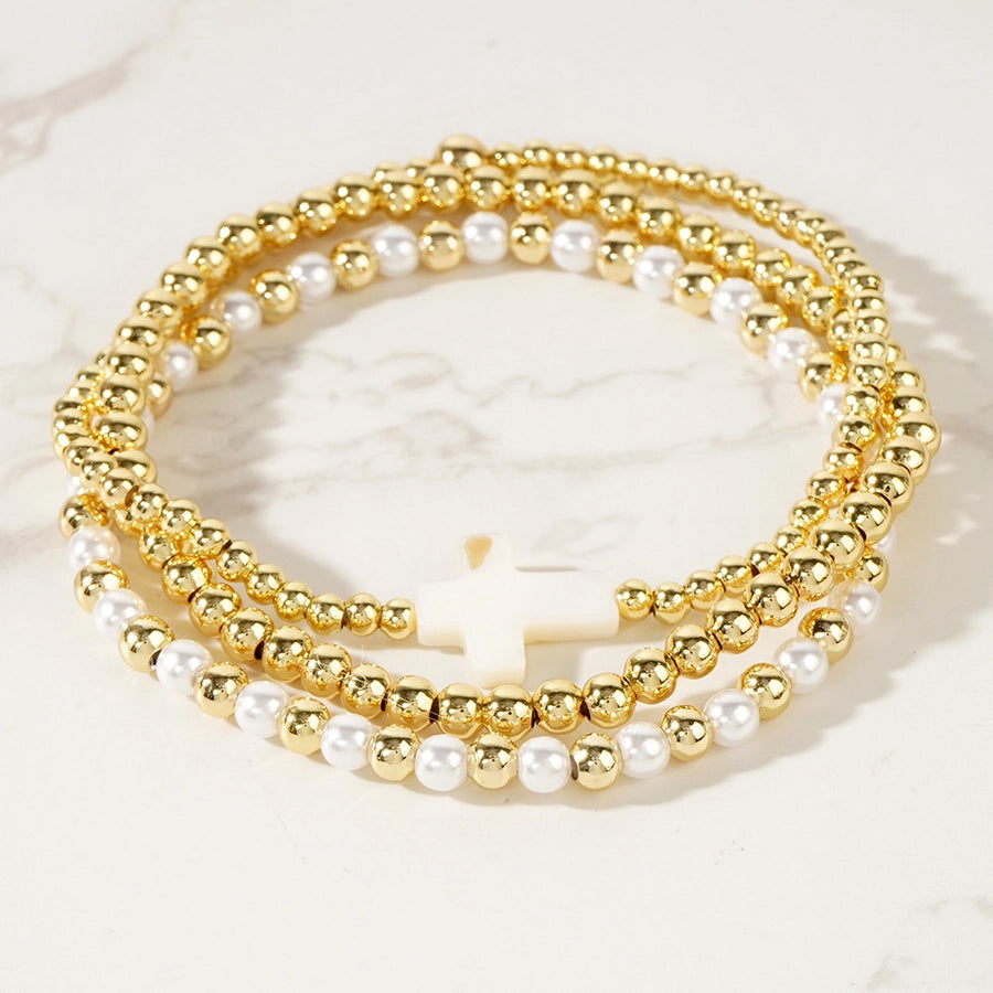 Hot Selling New Shell Cross Copper Bead Imitation Pearl Golden Balls Beads Bracelet Bracelet Three-Piece Set  Foshan