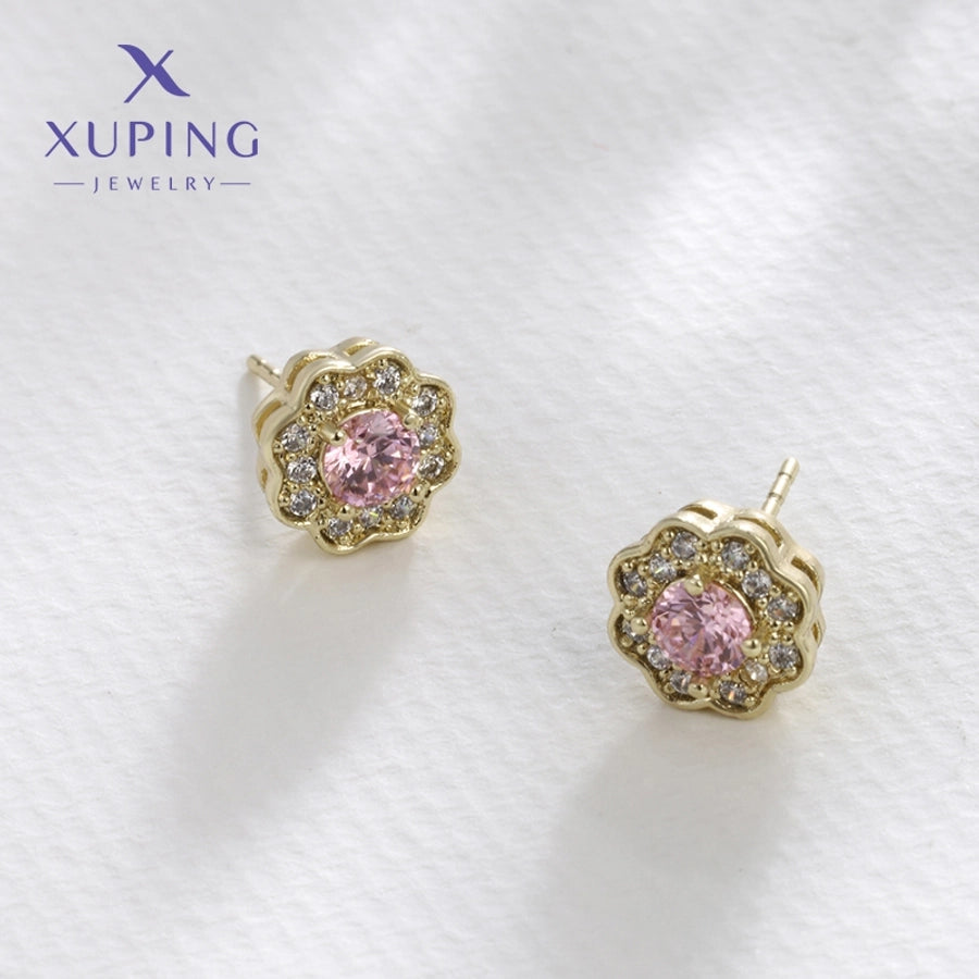 1 Pair XUPING Sweet Simple Style Flower Plating Copper Artificial Gemstones 18K Gold Plated Ear Studs