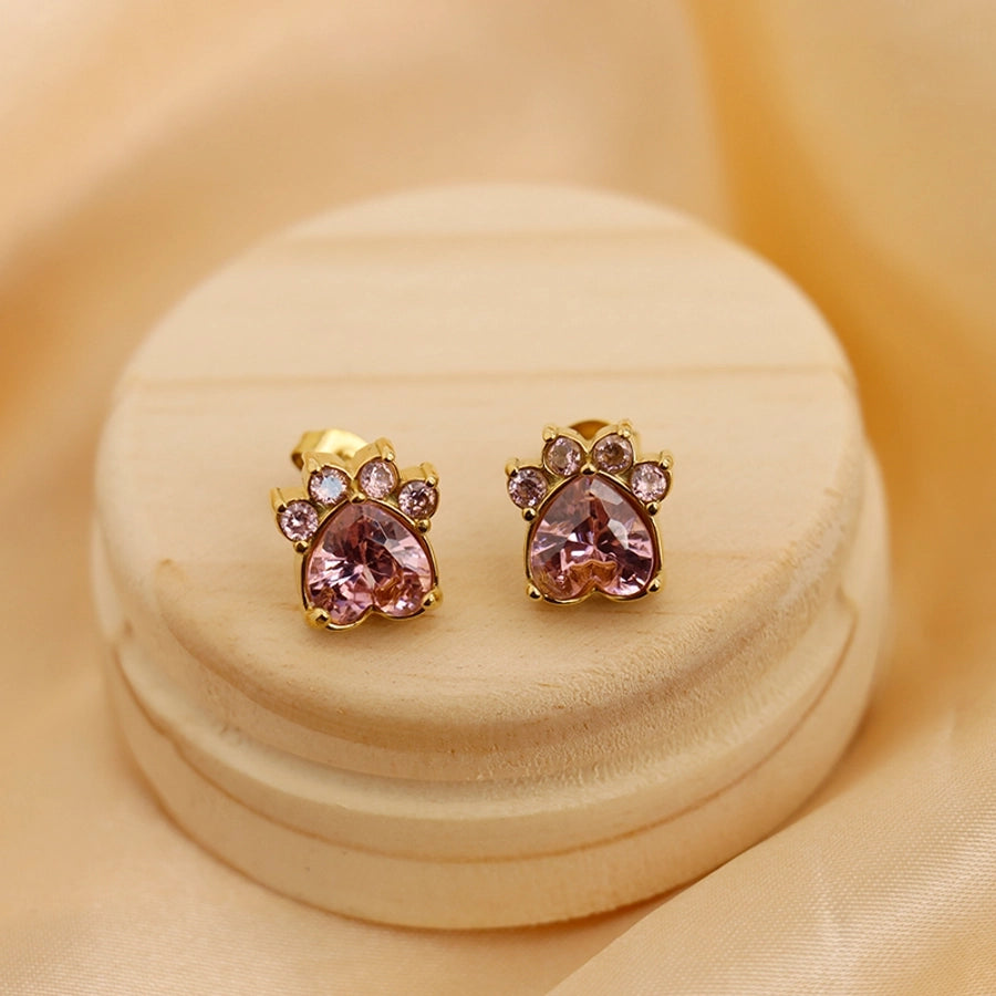 1 Pair Vintage Style Classic Style Paw Print Heart Shape Plating Titanium Steel Zircon 18K Gold Plated Ear Studs