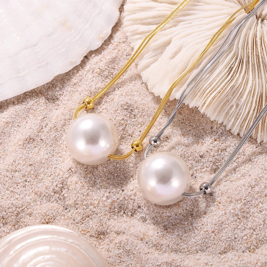 Elegant Luxurious Baroque Style Geometric 18K Gold Plated Imitation Pearl Titanium Steel  Pendant Necklace