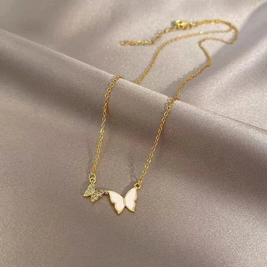 201 Stainless Steel Copper Gold Plated Plating Inlay Butterfly Zircon Pendant Necklace