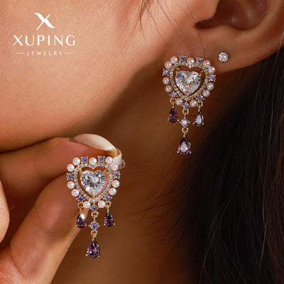 1 Pair Luxurious Sweet Heart Shape Plating Copper Artificial Gemstones 18K Gold Plated Drop Earrings