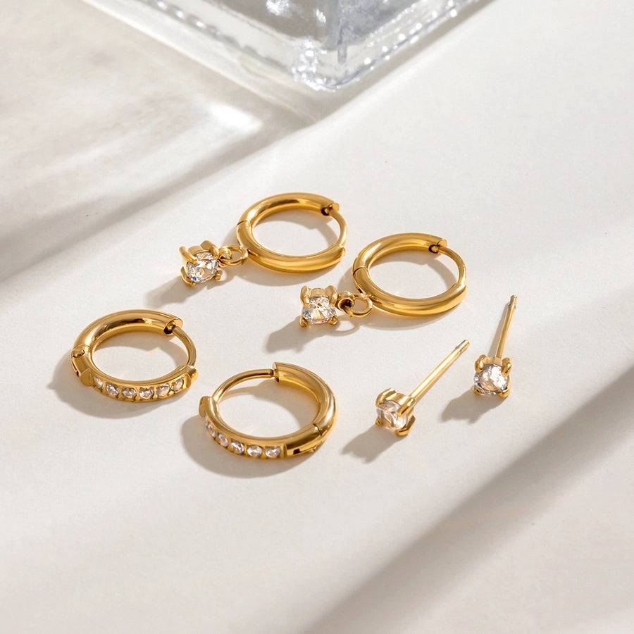 18K Gold Stainless Steel Rhinestone White Rhinestone Ear Clip Earrings 3 Pairs One Card