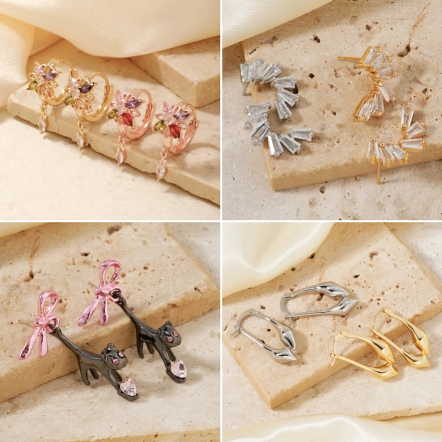 1 Pair Elegant Glam Shiny Cat Inlay Copper Zircon K Gold Plated Rhodium Plated Earrings