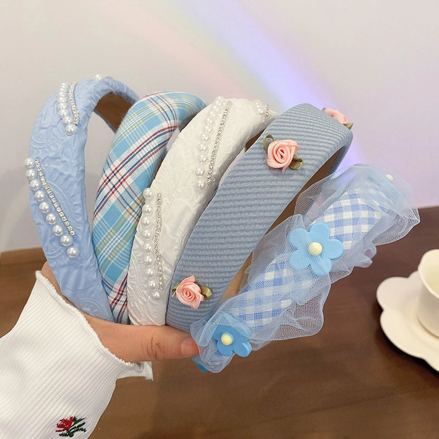 fashion plaid cloth handmade artificial pearls rhinestones hair band 1 piece