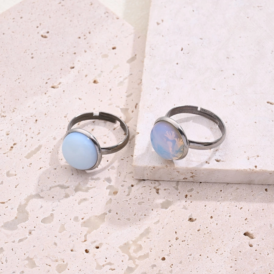 Jewelry Casual Simple Style Round Spot Solid Color 304 Stainless Steel Natural Stone Opal Polishing Inlay Adjustable Ring