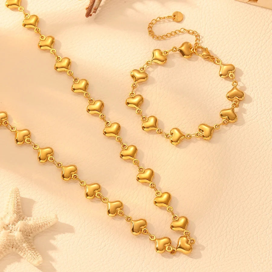 Stainless Steel Multiple Peach Heart Necklace Bracelet Affordable Luxury Fashion High-Grade Heart Hollow Titanium Steel No Fading Necklace Bracelet Jewellery Suit