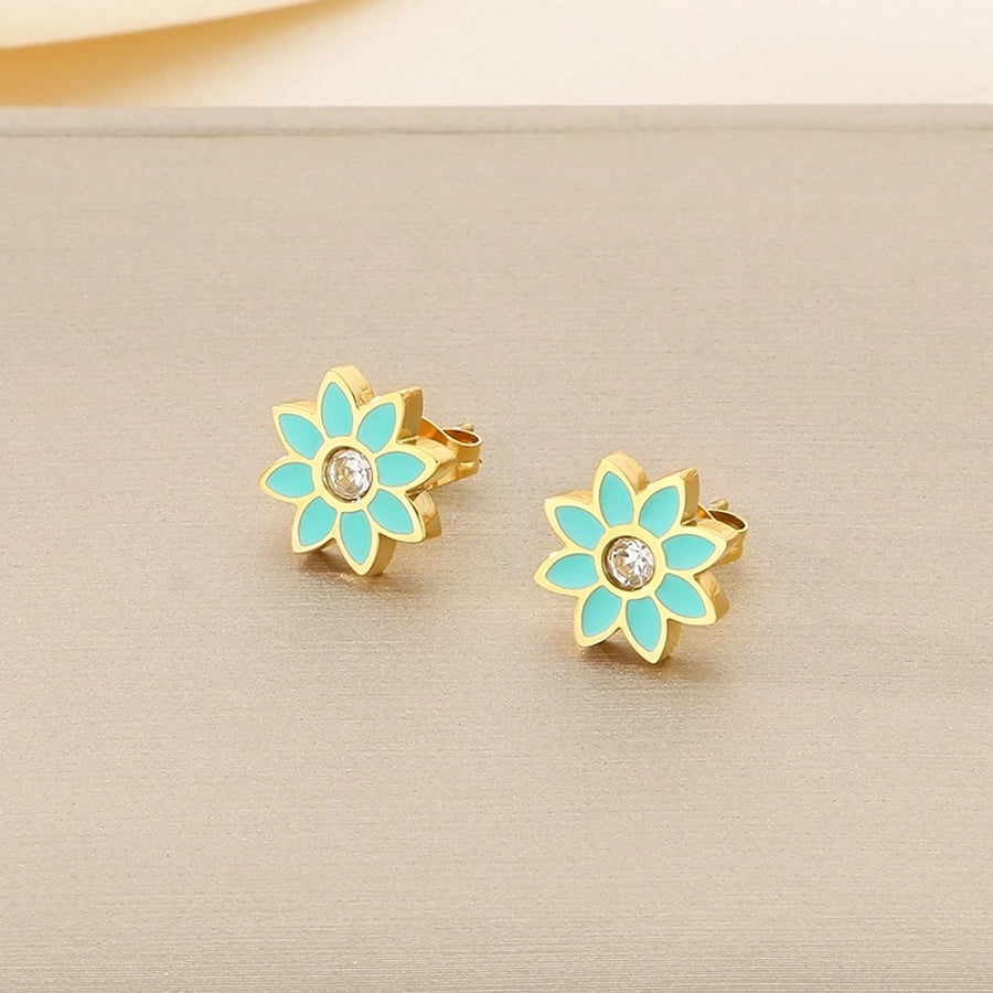 1 Pair Vintage Style Flower Hollow Out Inlay 304 Stainless Steel Zircon 18K Gold Plated Ear Studs