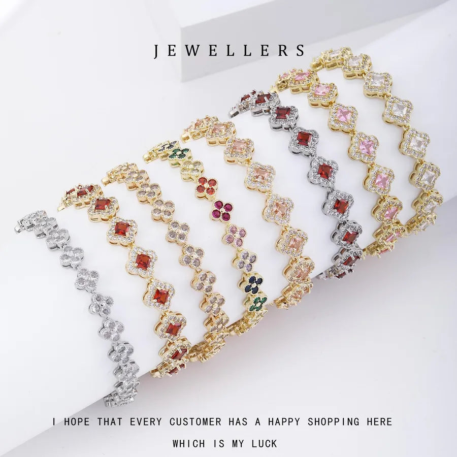 Wholesale Jewelry Elegant Classic Style Leaf Four Leaf Clover Copper Zircon Plating Bracelets Tennis Chain