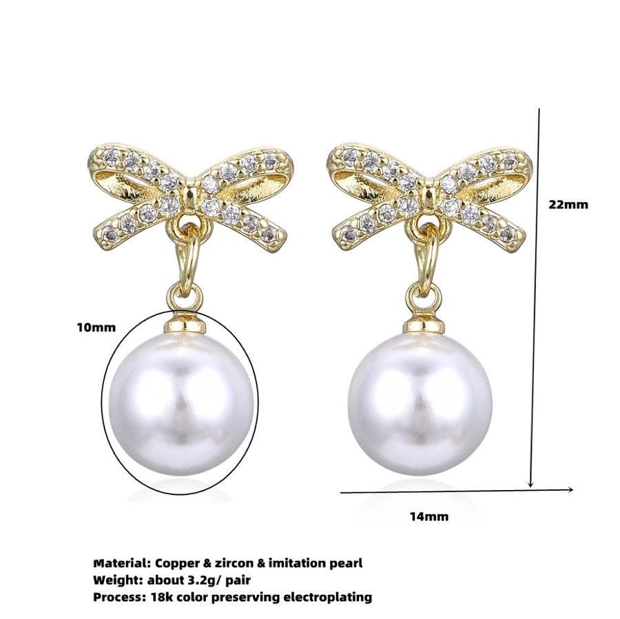 Copper Plating 18K Color Retention Imitation Pearl Bowknot Christmas Ear Studs Earrings