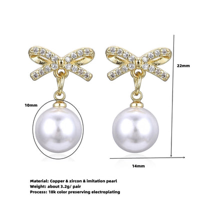 Copper Plating 18K Color Retention Imitation Pearl Bowknot Christmas Ear Studs Earrings