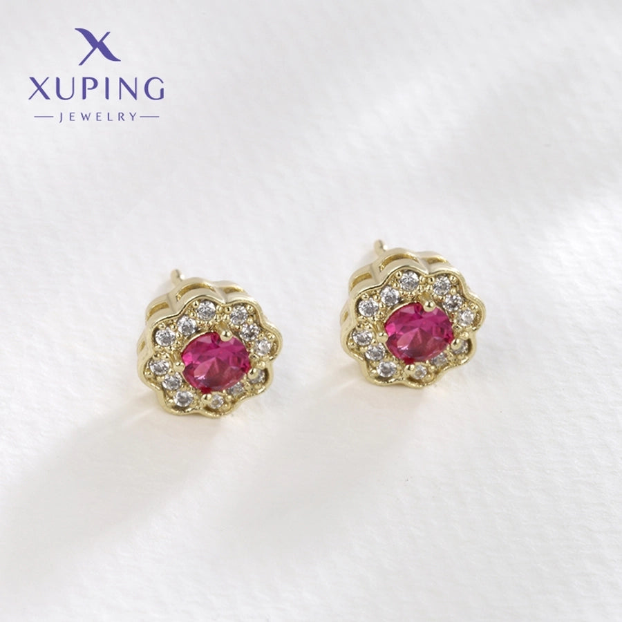 1 Pair XUPING Sweet Simple Style Flower Plating Copper Artificial Gemstones 18K Gold Plated Ear Studs