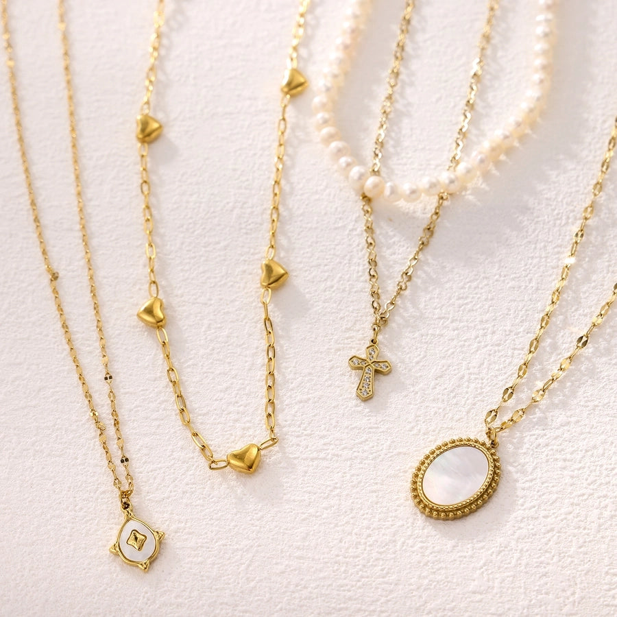 Jewelry Casual Elegant Cross Heart Shape 304 Stainless Steel Shell 18K Gold Plated Pendant Necklace