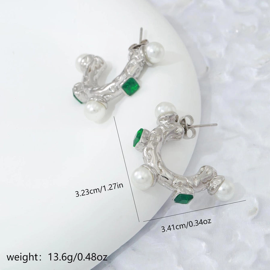 1 Pair Elegant C Shape Plating Inlay 304 Stainless Steel Artificial Pearls Zircon 18K Gold Plated Ear Studs