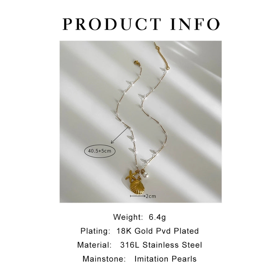 Jewelry Retro Marine Style Beach Starfish Shell 316L Stainless Steel  18K Gold Plated Pendant Necklace
