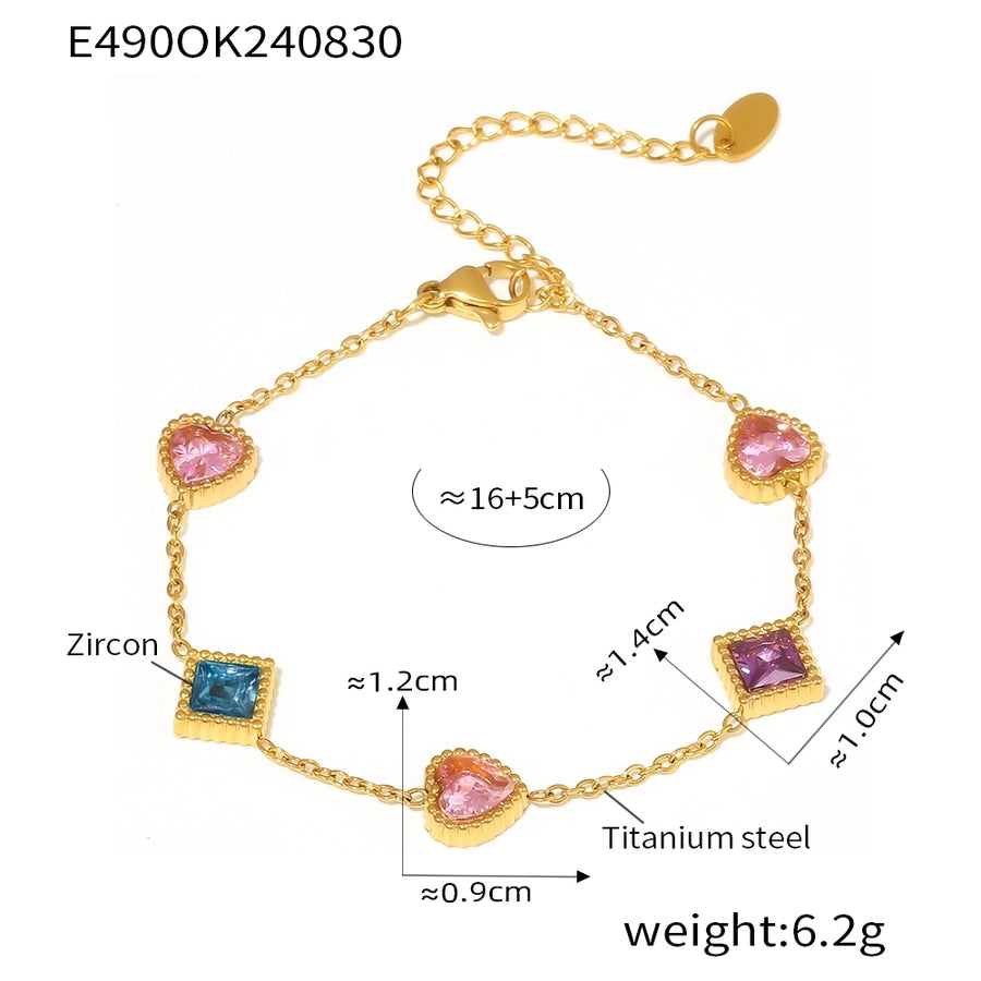 Preppy Style Commute Shiny Square Heart Shape Titanium Steel 18K Gold Plated Zircon Bracelets In Bulk