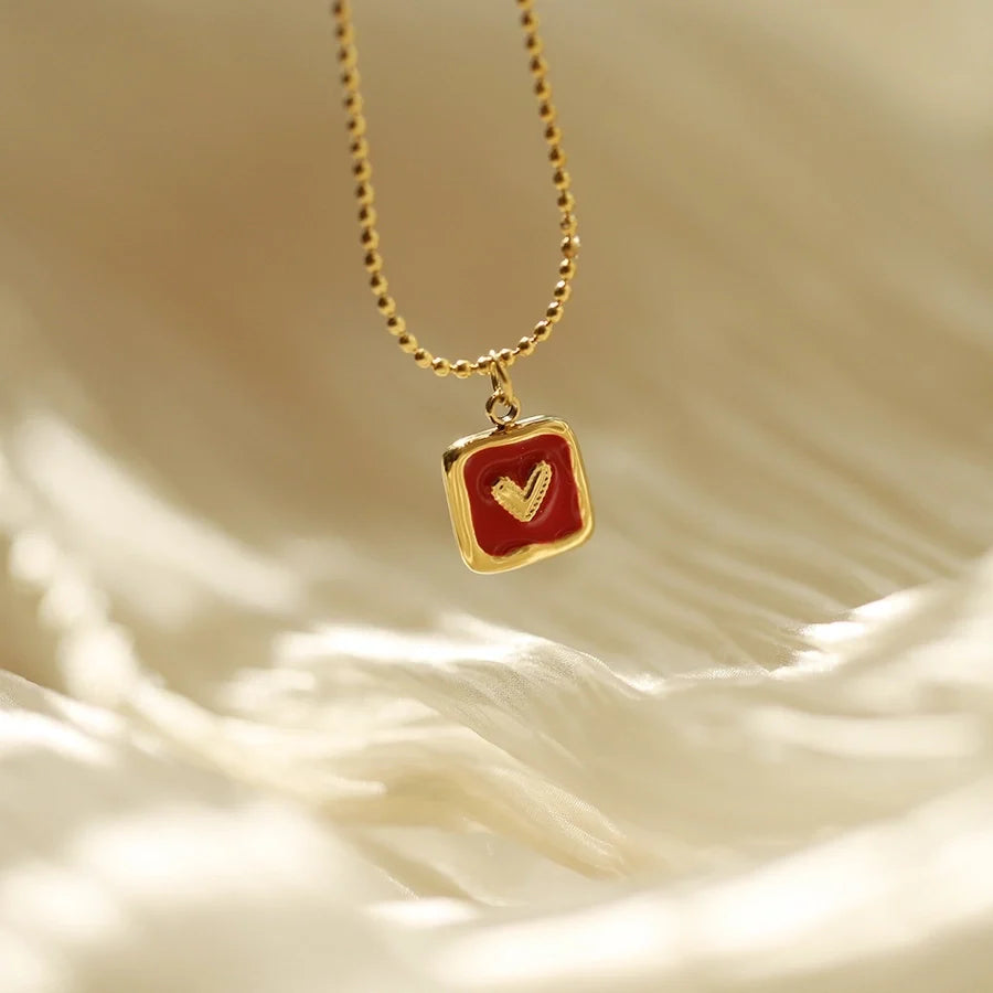 Jewelry IG Style Square Heart Shape 304 Stainless Steel 18K Gold Plated Enamel Pendant Necklace