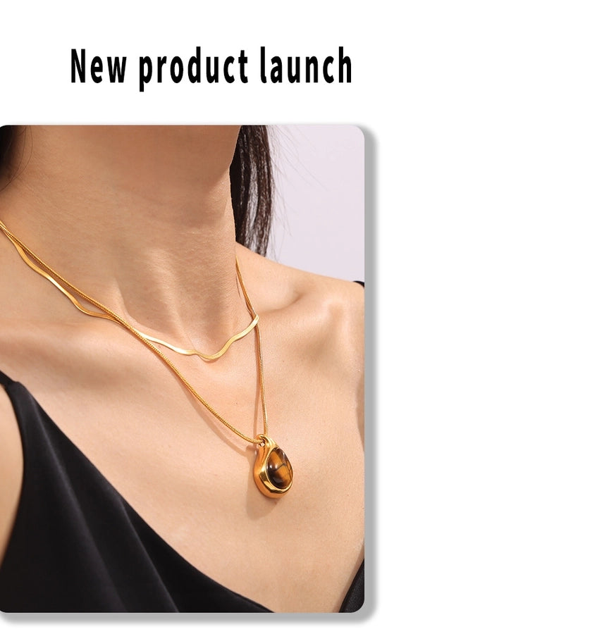 Jewelry Retro Classic Style Water Droplets 304 Stainless Steel Tiger Eye 18K Gold Plated Plating Inlay Pendant Necklace Necklace