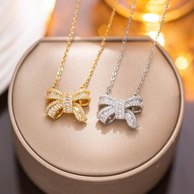 Jewelry Simple Style Bow Knot Titanium Steel Zircon Inlay Pendant Necklace