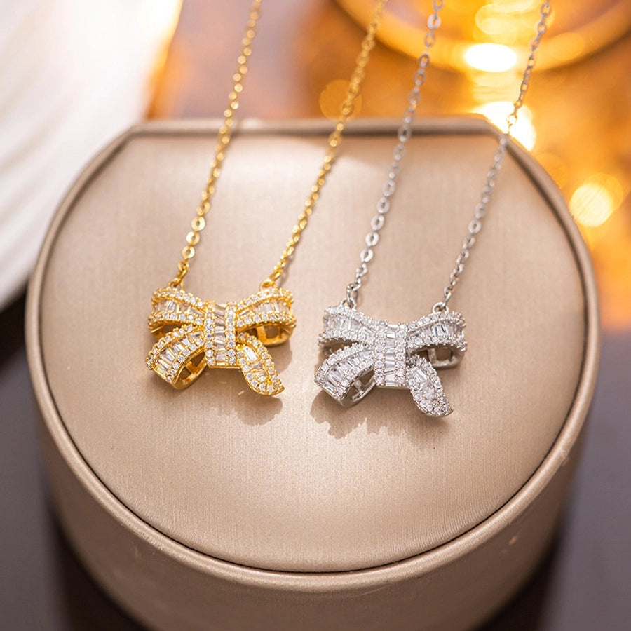 Jewelry Simple Style Bow Knot Titanium Steel Zircon Inlay Pendant Necklace