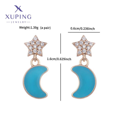 1 Pair XUPING Sweet Simple Style Star Moon Enamel Inlay Copper Synthetic Cubic Zirconia 18K Gold Plated Drop Earrings