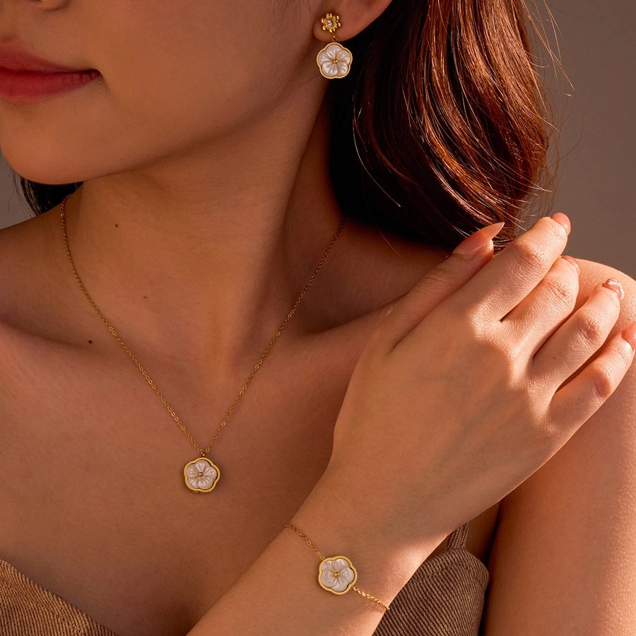 Jewelry Simple Style Flower 304 Stainless Steel Shell Zircon 18K Gold Plated Inlay Bracelets Earrings Necklace