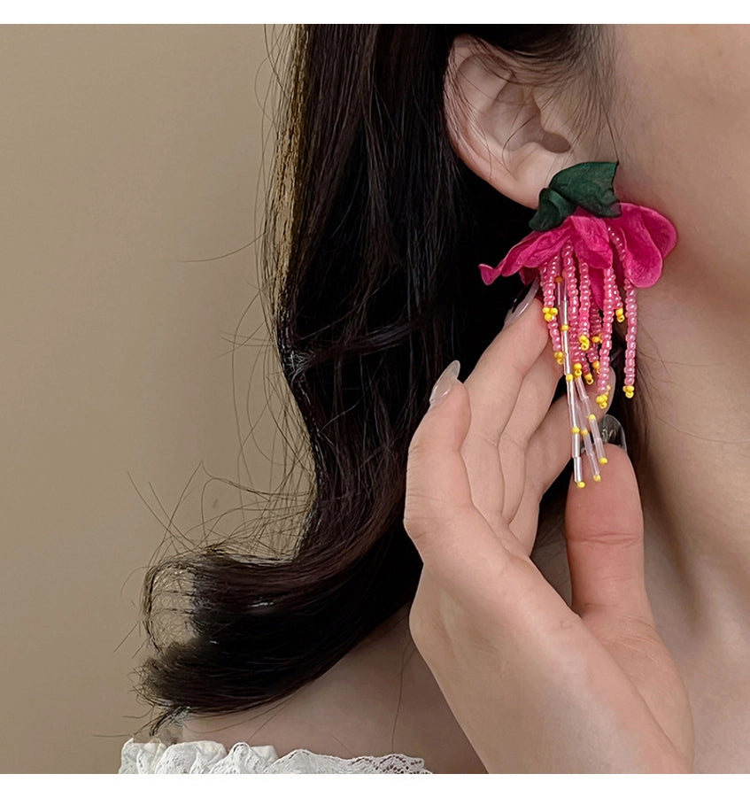Mori chiffon flower beaded earrings female super fairy exaggerated Rose Red holiday style earrings  new popular