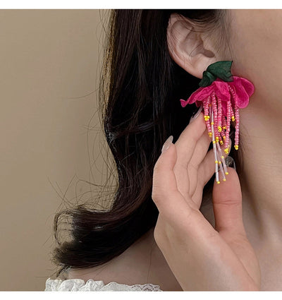 Mori chiffon flower beaded earrings female super fairy exaggerated Rose Red holiday style earrings  new popular