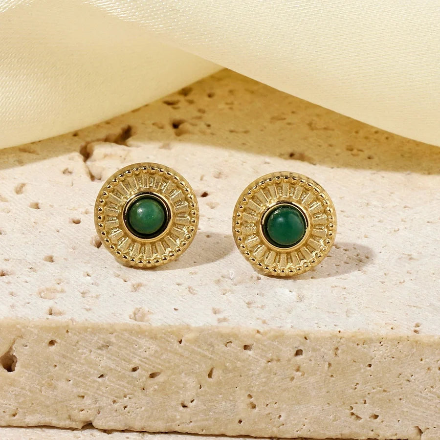 One Pack and Two Pairs Retro French Style Geometric Plating Titanium Steel Natural Stone 14K Gold Plated Ear Studs