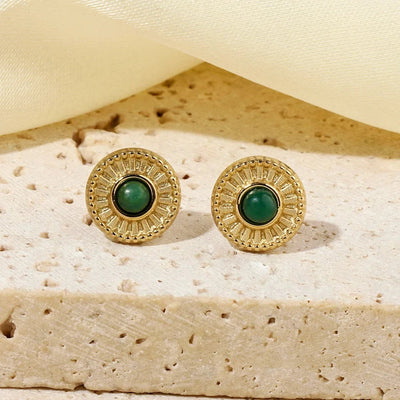 One Pack and Two Pairs Retro French Style Geometric Plating Titanium Steel Natural Stone 14K Gold Plated Ear Studs