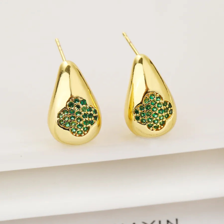 1 Pair Elegant Simple Style Four Leaf Clover Water Droplets Copper Zircon Ear Studs