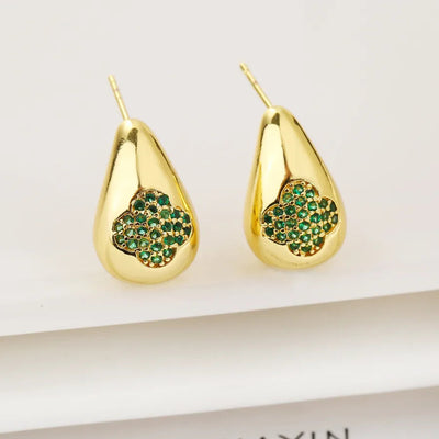 1 Pair Elegant Simple Style Four Leaf Clover Water Droplets Copper Zircon Ear Studs