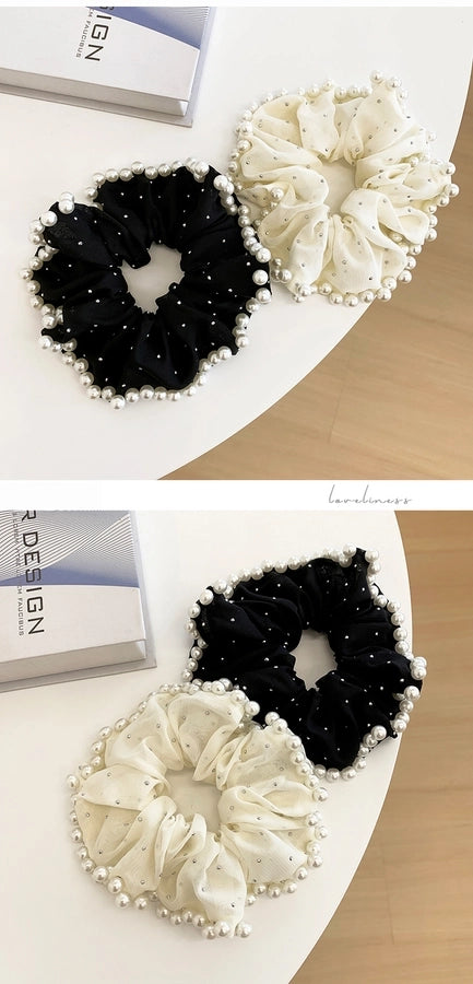 Large Embroidered Pearl Mesh Large Intestine Hair Ring Ponytail Hair String Retro Simple French High-End Hepburn Style Hair Accessories for Women