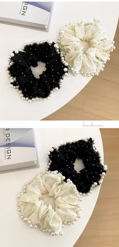 Large Embroidered Pearl Mesh Large Intestine Hair Ring Ponytail Hair String Retro Simple French High-End Hepburn Style Hair Accessories for Women