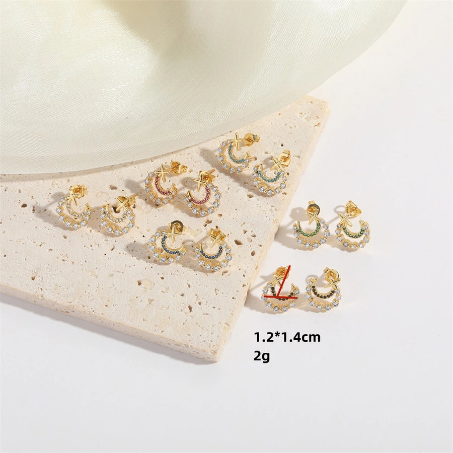 1 Pair Elegant Simple Style Commute Moon Copper Zircon 14K Gold Plated Ear Studs