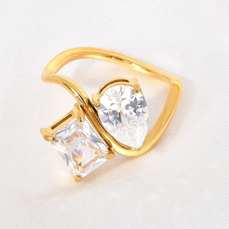 Jewelry Elegant Square Water Droplets 304 Stainless Steel Rhinestones 18K Gold Plated Inlay Rings